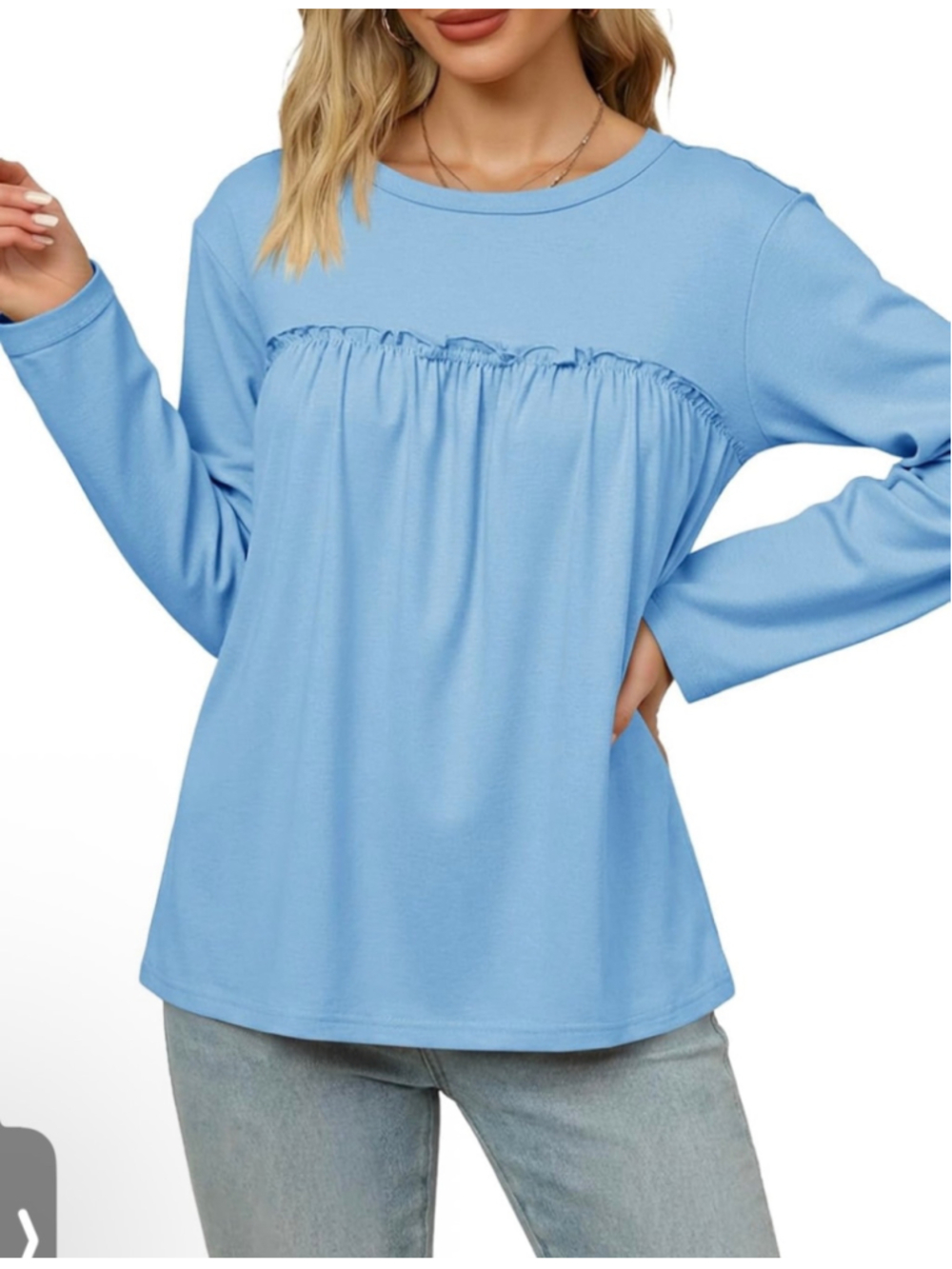 NEW Cicy Bell Babydoll Tunic Top Pleated Long Sleeve Crew Neck Peplum Shirt L